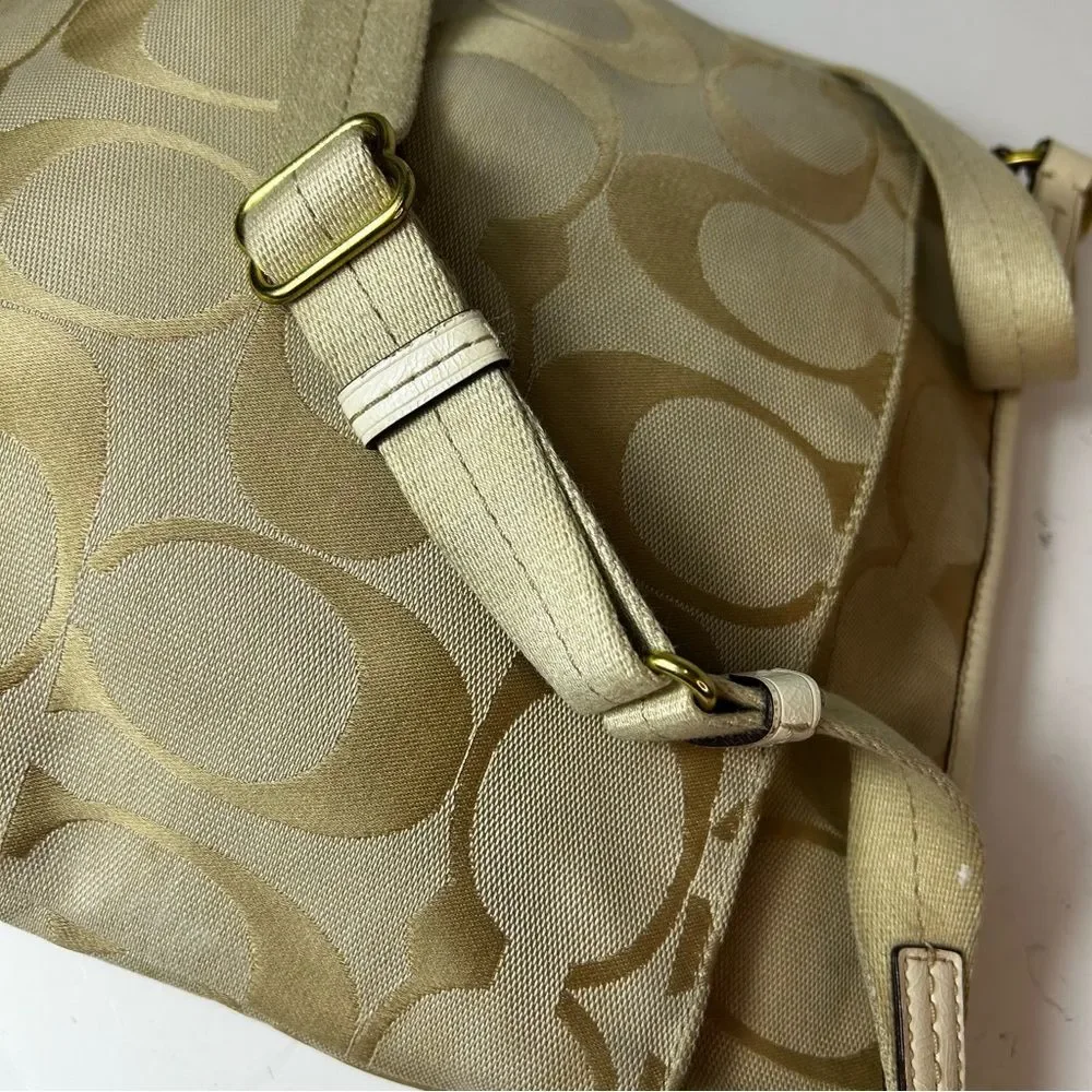 Coach F21905 Cream and Tan Signature Leather Detail Stripe Duffle Crossbody Bag
